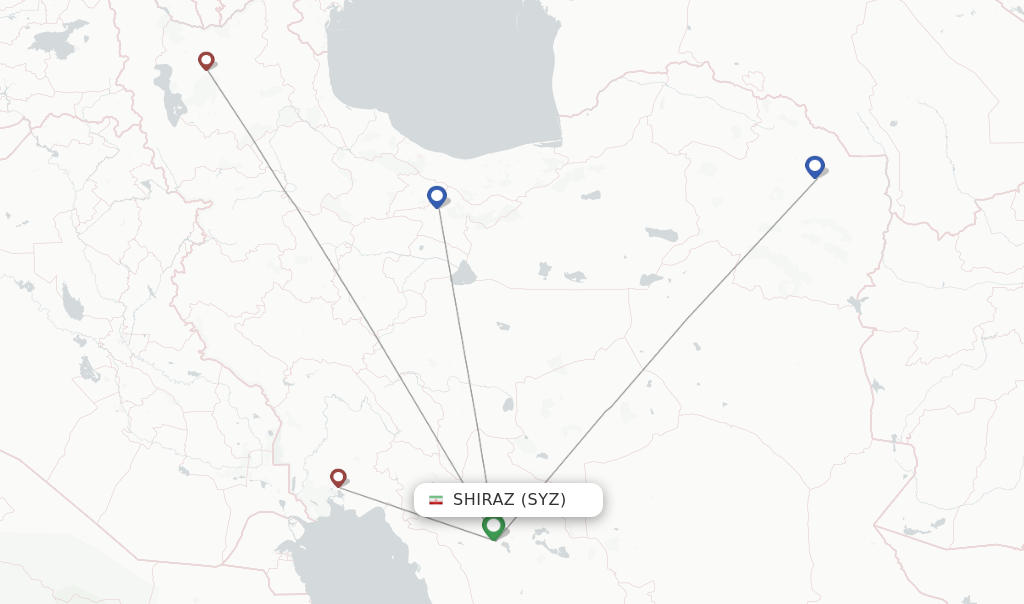 Route map with flights from Shiraz with Qeshm Air