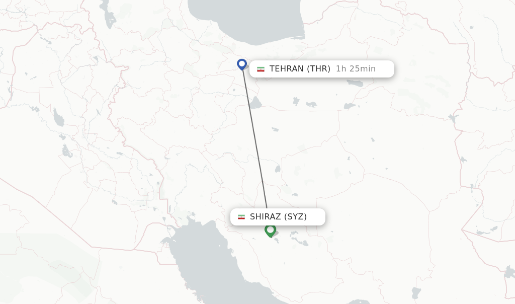 Flights from Shiraz to Tehran route map