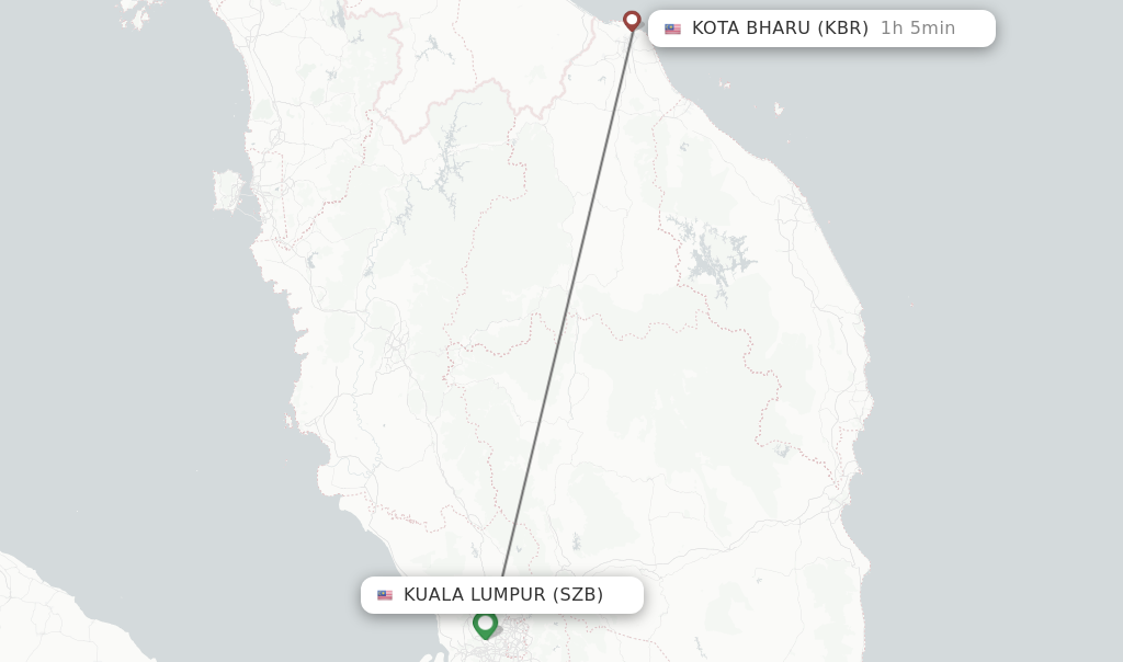 Flights from Kuala Lumpur to Kota Bharu route map