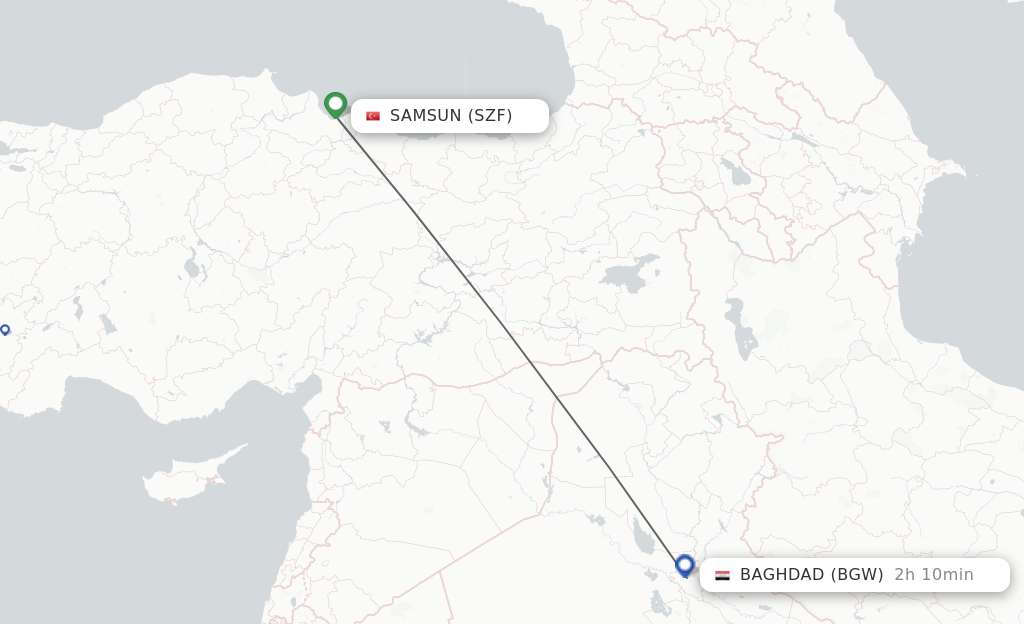 Flights from Samsun to Baghdad route map