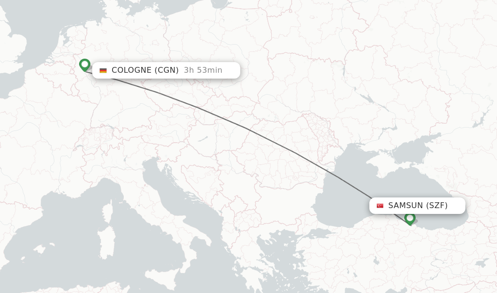 Flights from Samsun to Cologne route map