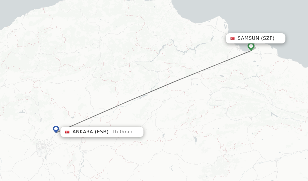 Flights from Samsun to Ankara route map