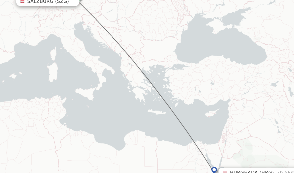 Flights from Salzburg to Hurghada route map