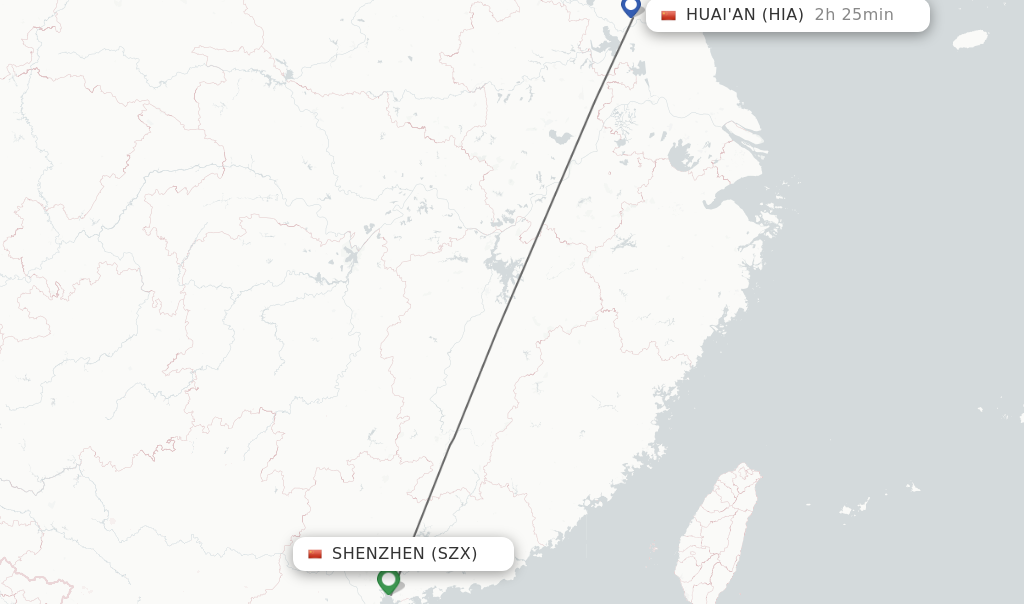 Flights from Shenzhen to Huai'an route map