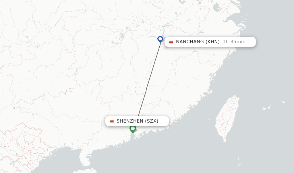 Flights from Shenzhen to Nanchang route map