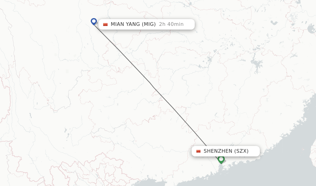 Flights from Shenzhen to Mian Yang route map