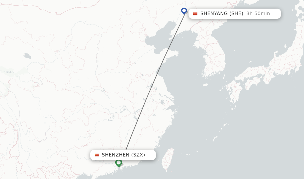 Flights from Shenzhen to Shenyang route map