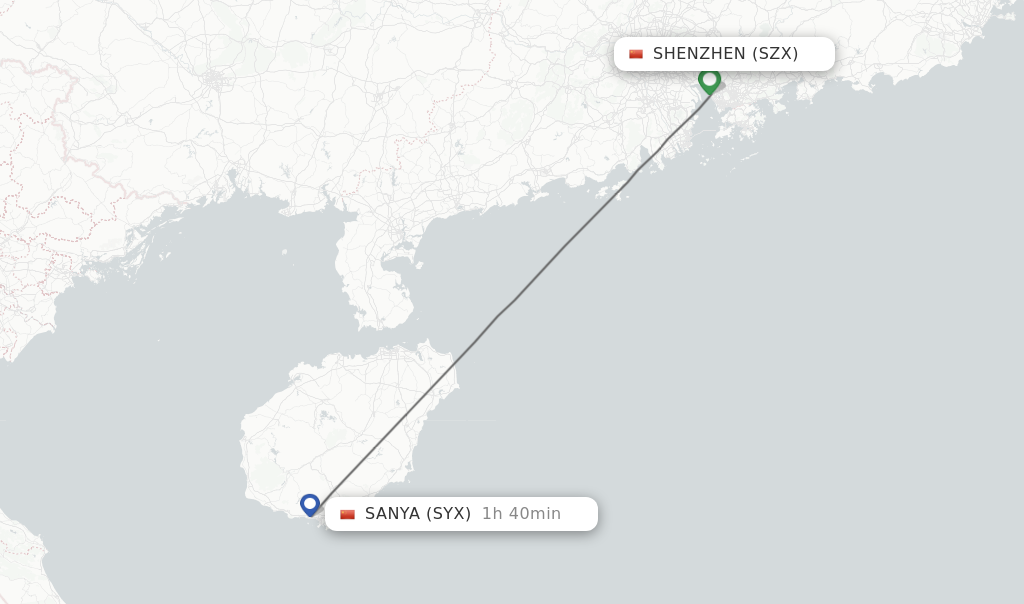 Flights from Shenzhen to Sanya route map