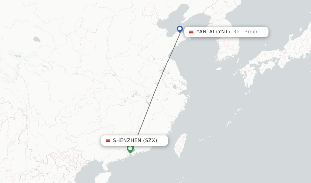 Flights from Shenzhen to Yantai route map
