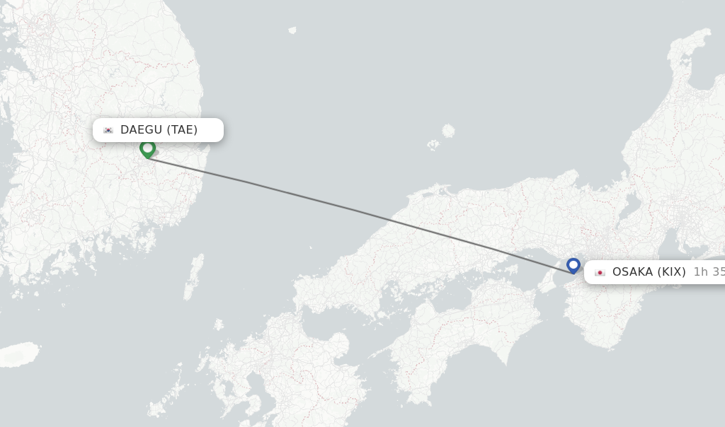 Flights from Daegu to Osaka route map