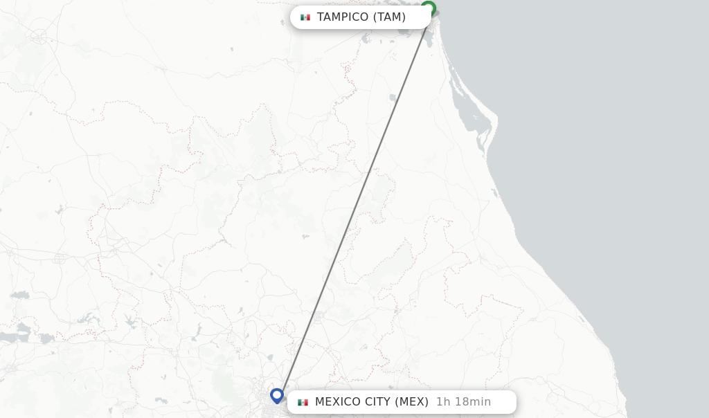 Flights from Tampico to Mexico City route map