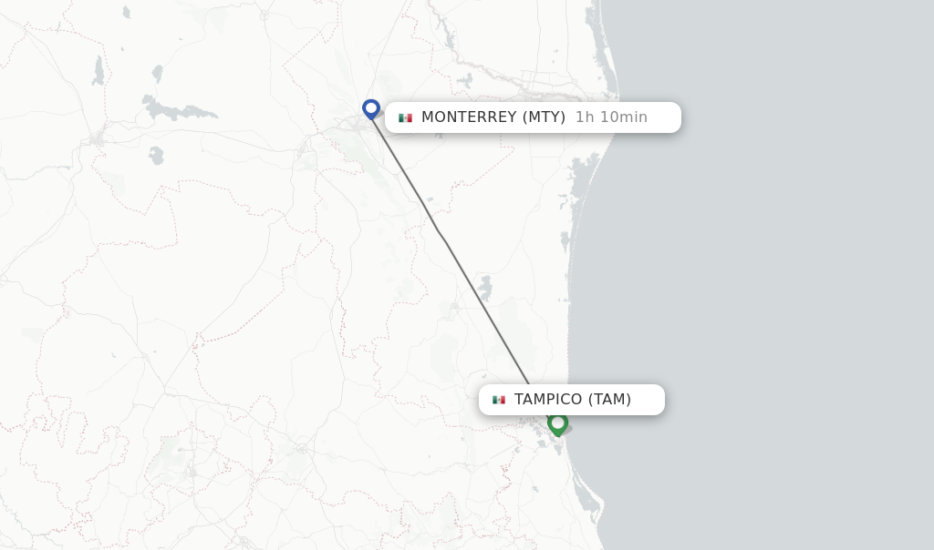 Flights from Tampico to Monterrey route map