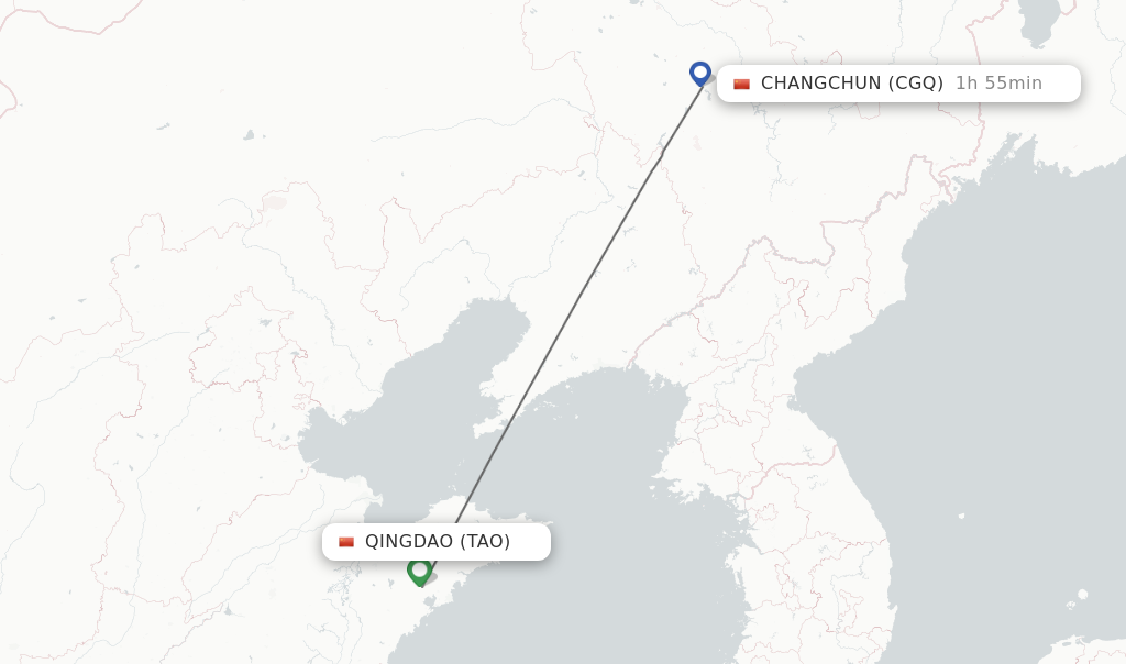 Flights from Qingdao to Changchun route map