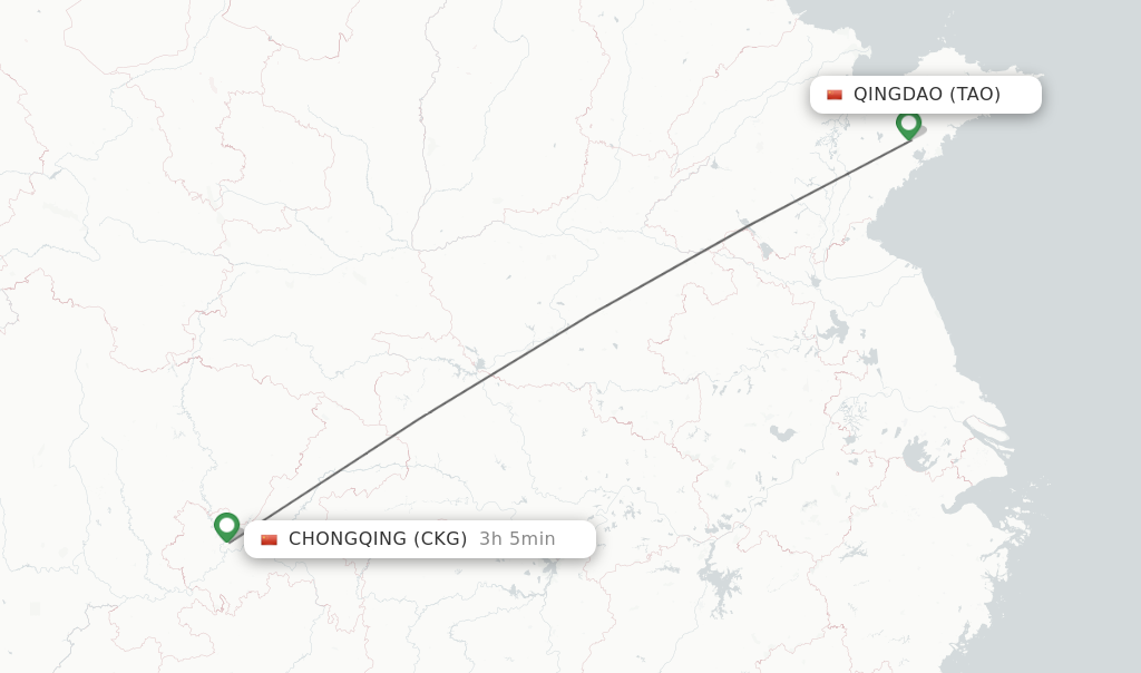 Flights from Qingdao to Chongqing route map