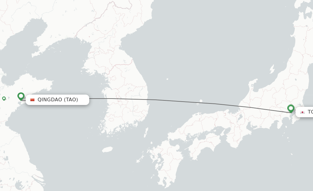 Flights from Qingdao to Tokyo route map