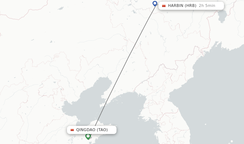 Flights from Qingdao to Harbin route map