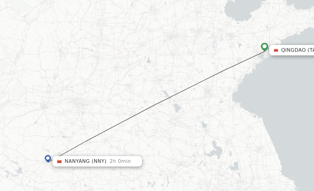 Flights from Qingdao to Nanyang route map