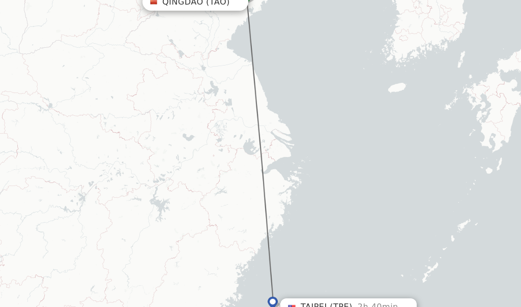 Flights from Qingdao to Taipei route map