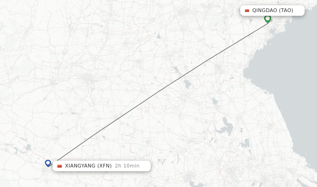 Flights from Qingdao to Xiangyang route map