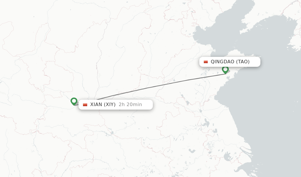 Flights from Qingdao to Xian route map