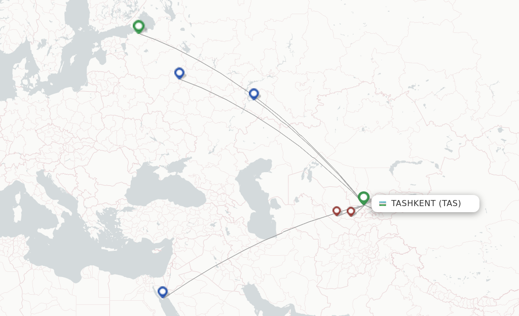 Route map with flights from Tashkent with Taban Air