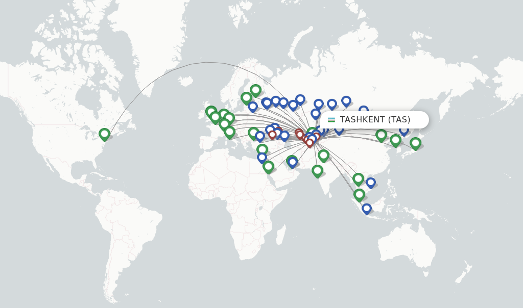Route map with flights from Tashkent with Uzbekistan Airways