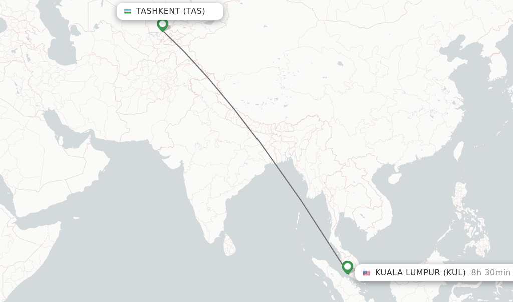 Flights from Tashkent to Kuala Lumpur route map