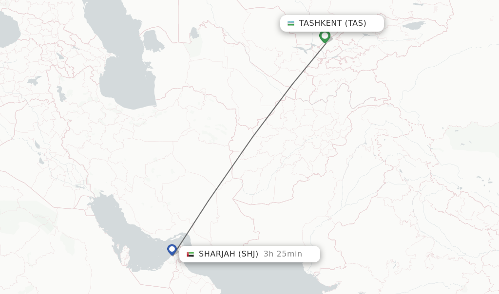 Flights from Tashkent to Sharjah route map