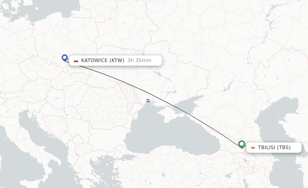 Flights from Tbilisi to Katowice route map