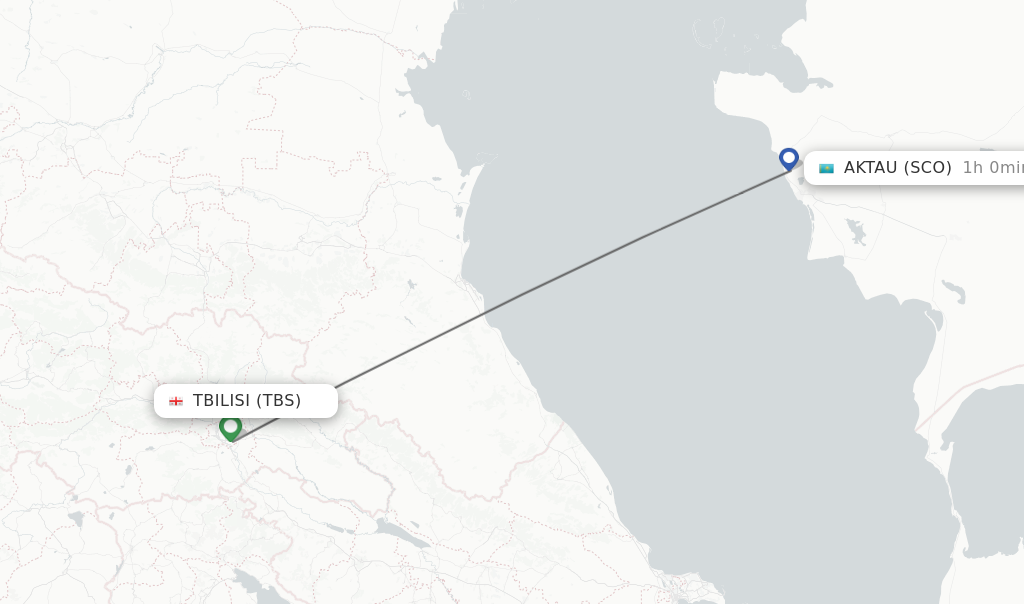 Flights from Tbilisi to Aktau route map