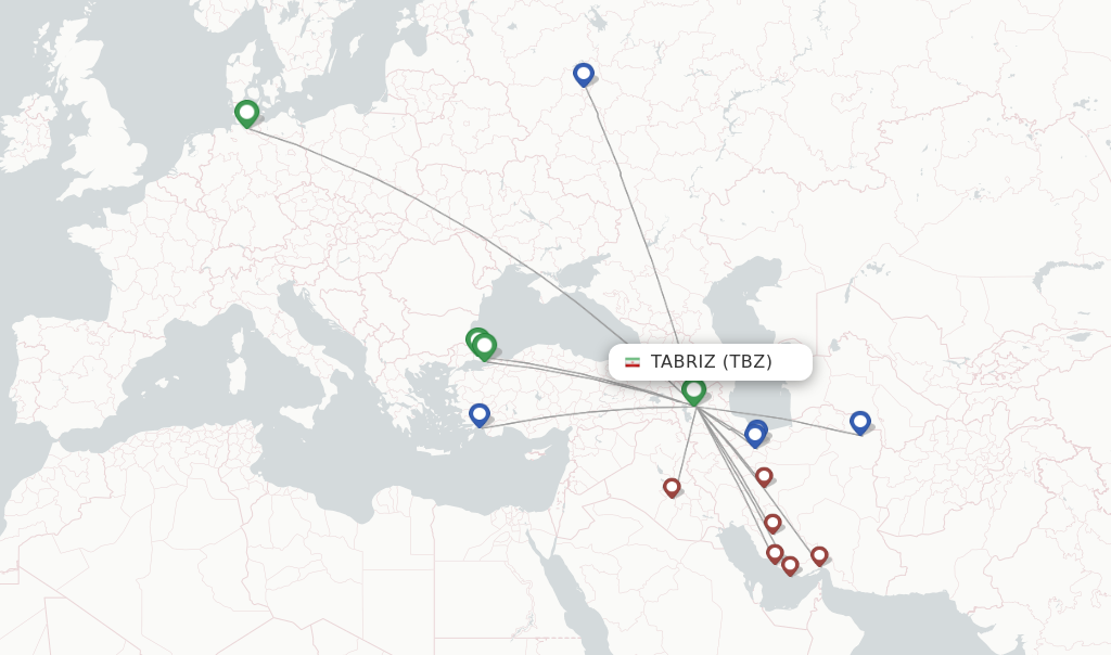 Flights from Tabriz to Dubai route map