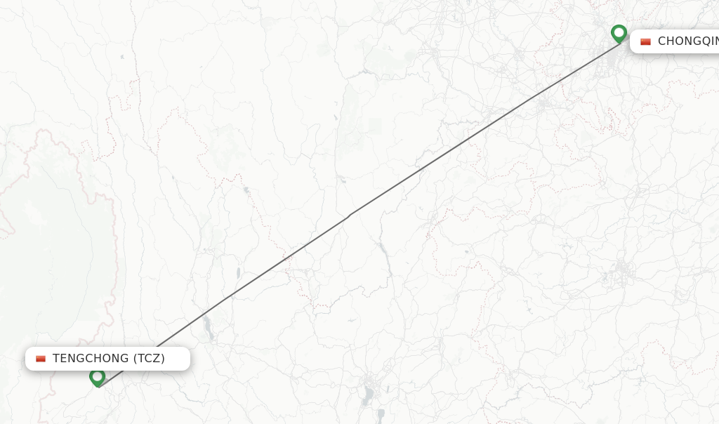 Flights from Tengchong to Chongqing route map