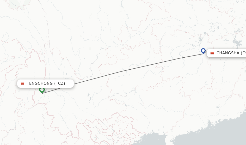 Flights from Tengchong to Changsha route map