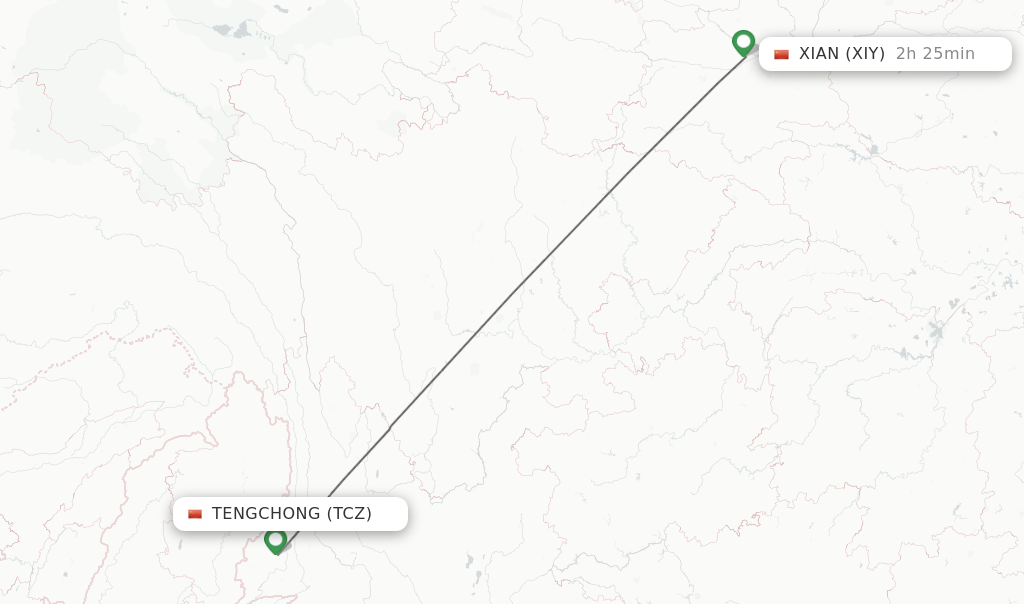 Flights from Tengchong to Xian route map