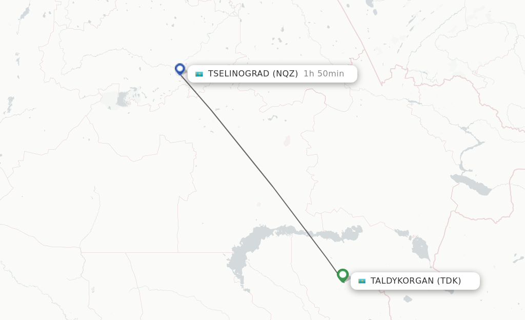 Flights from Taldykorgan to Astana route map