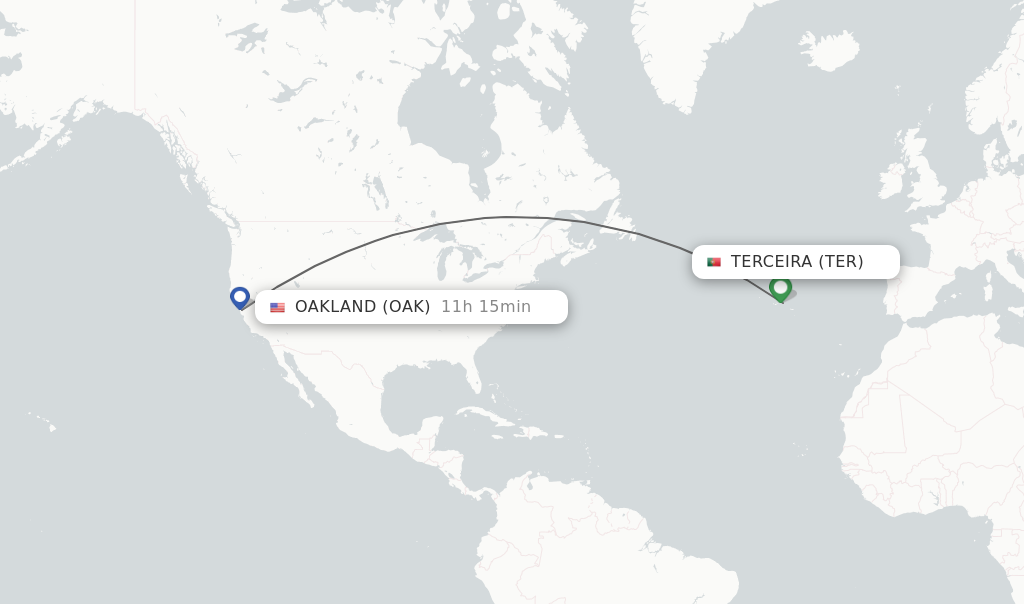 Flights from Terceira to Oakland route map