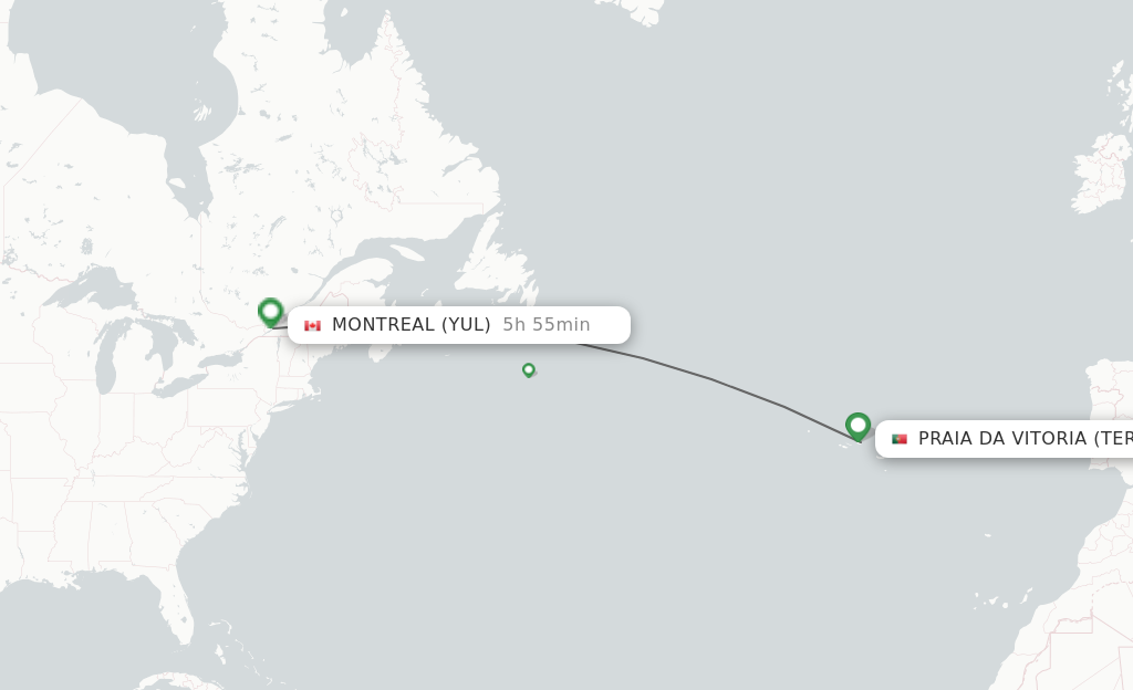 Flights from Terceira to Montreal route map