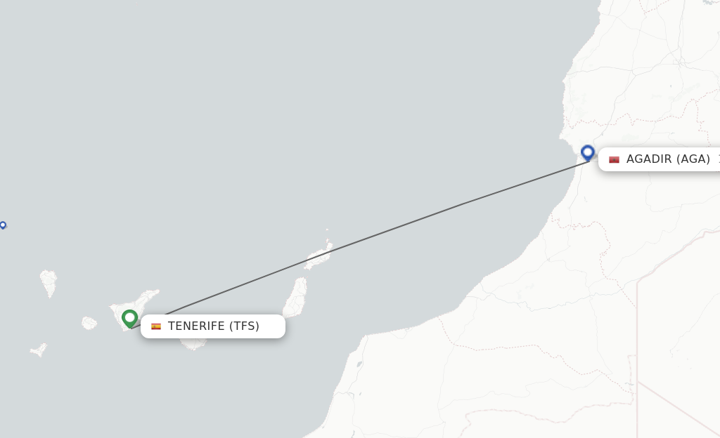 Flights from Tenerife to Agadir route map