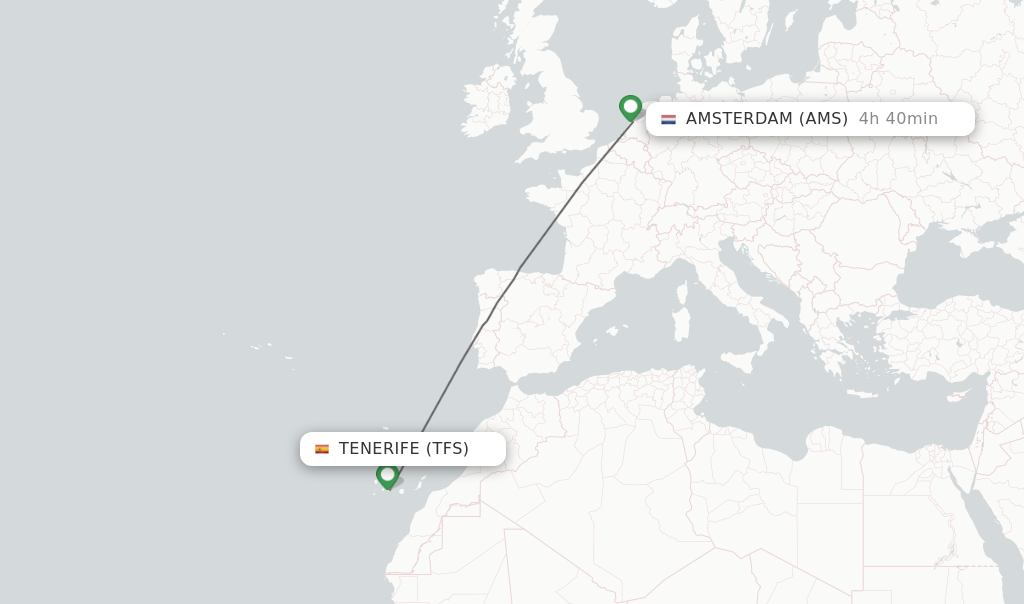 Flights from Tenerife to Amsterdam route map