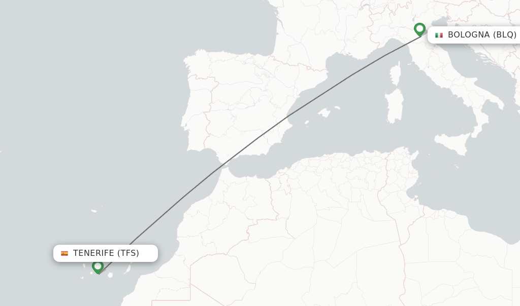 Flights from Tenerife to Bologna route map