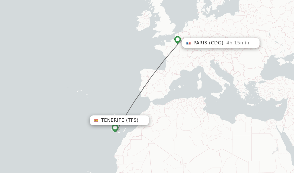 Flights from Tenerife to Paris route map