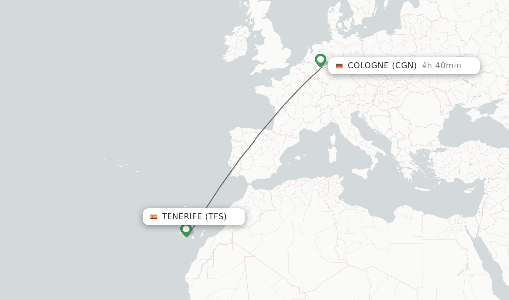 Flights from Tenerife to Cologne route map