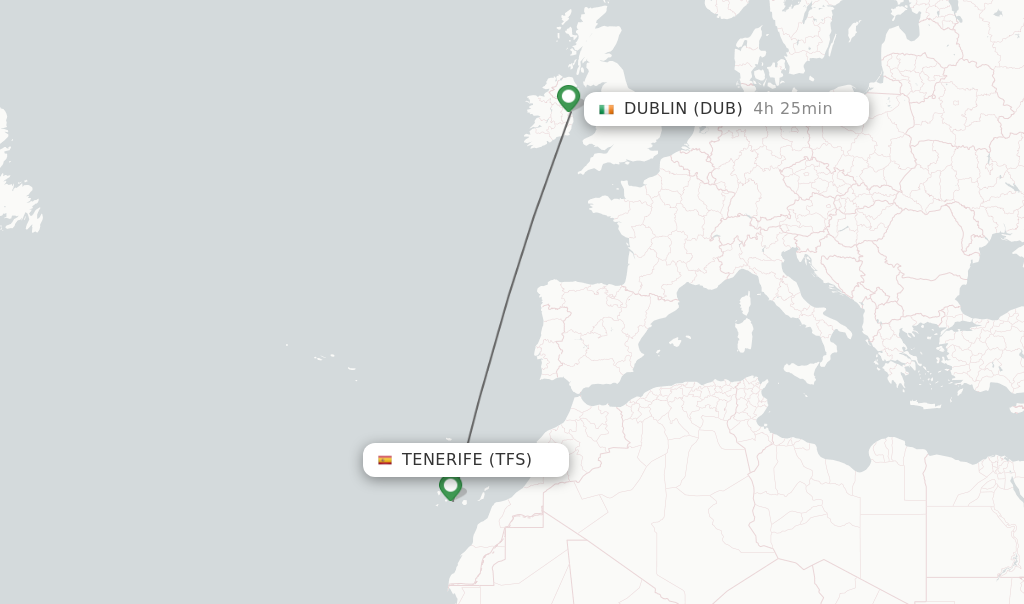Flights from Tenerife to Dublin route map