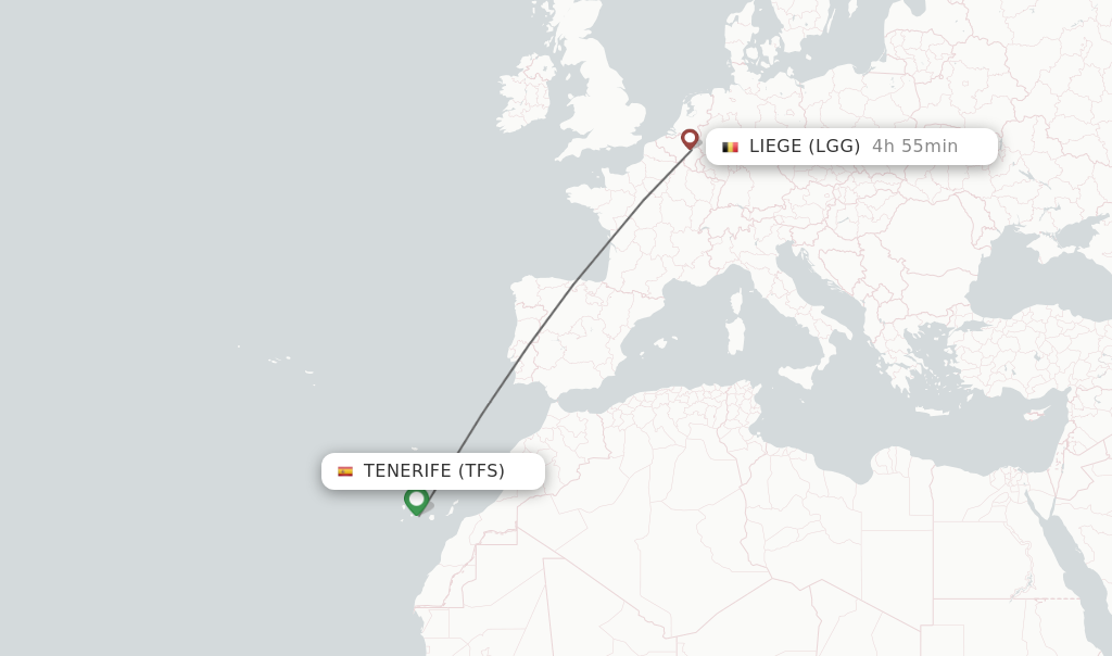 Flights from Tenerife to Liege route map