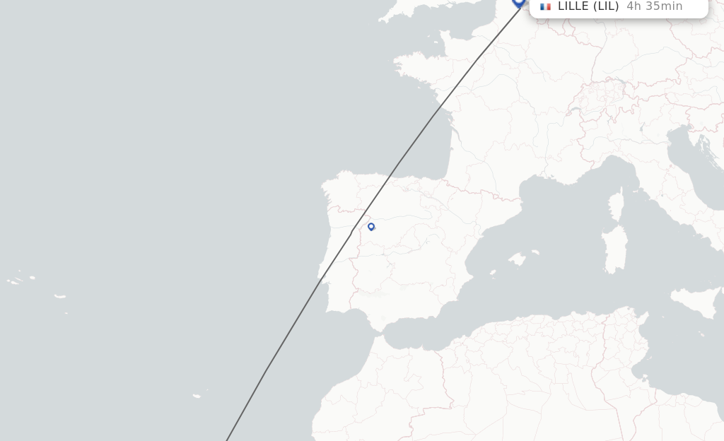 Flights from Tenerife to Lille route map