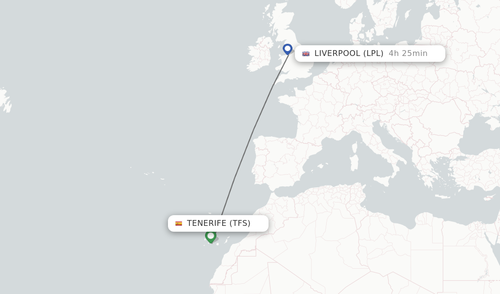Flights from Tenerife to Liverpool route map