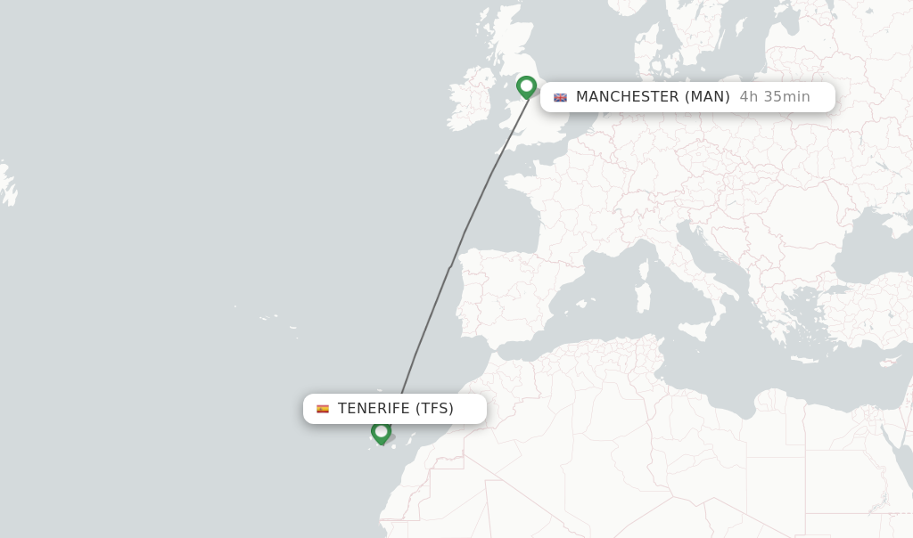 Flights from Tenerife to Manchester route map