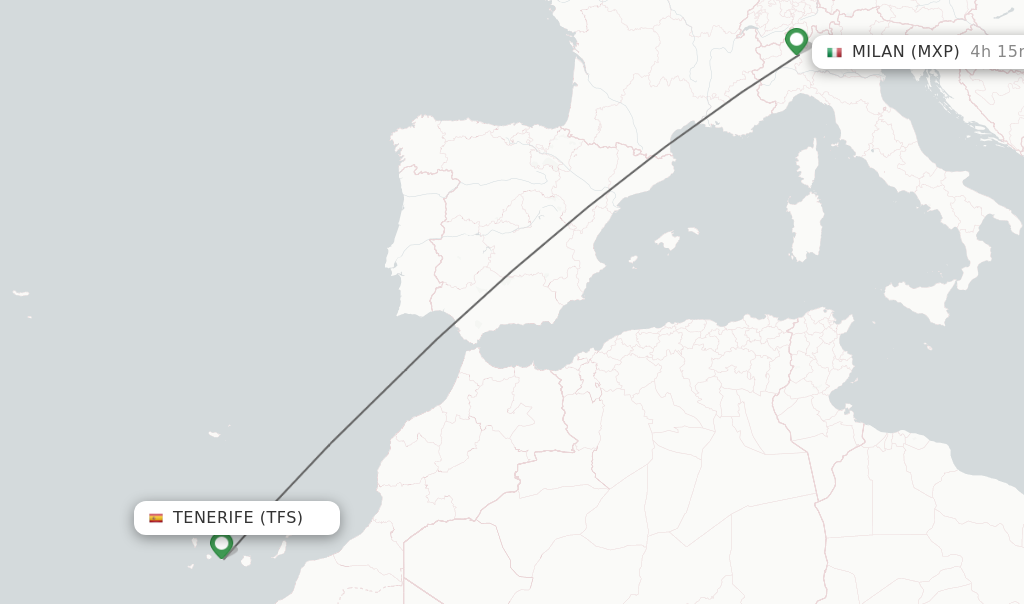 Flights from Tenerife to Milan route map