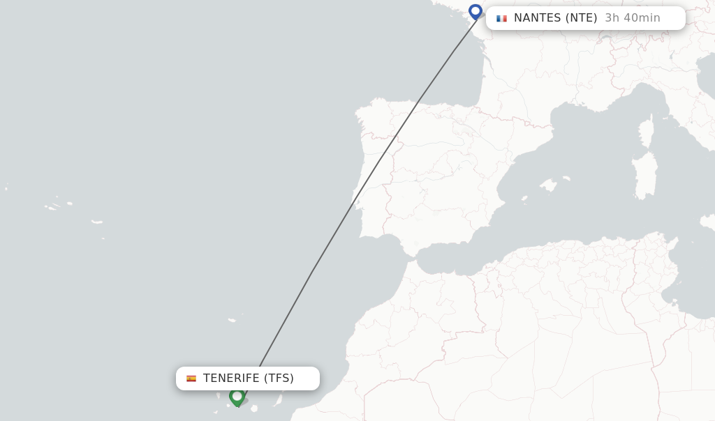 Flights from Tenerife to Nantes route map