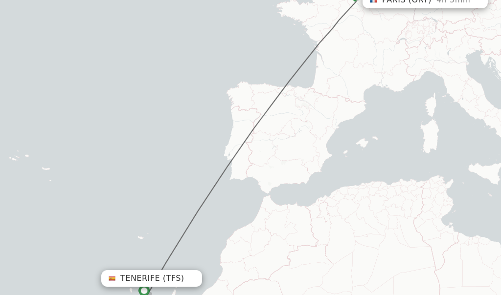 Flights from Tenerife to Paris route map